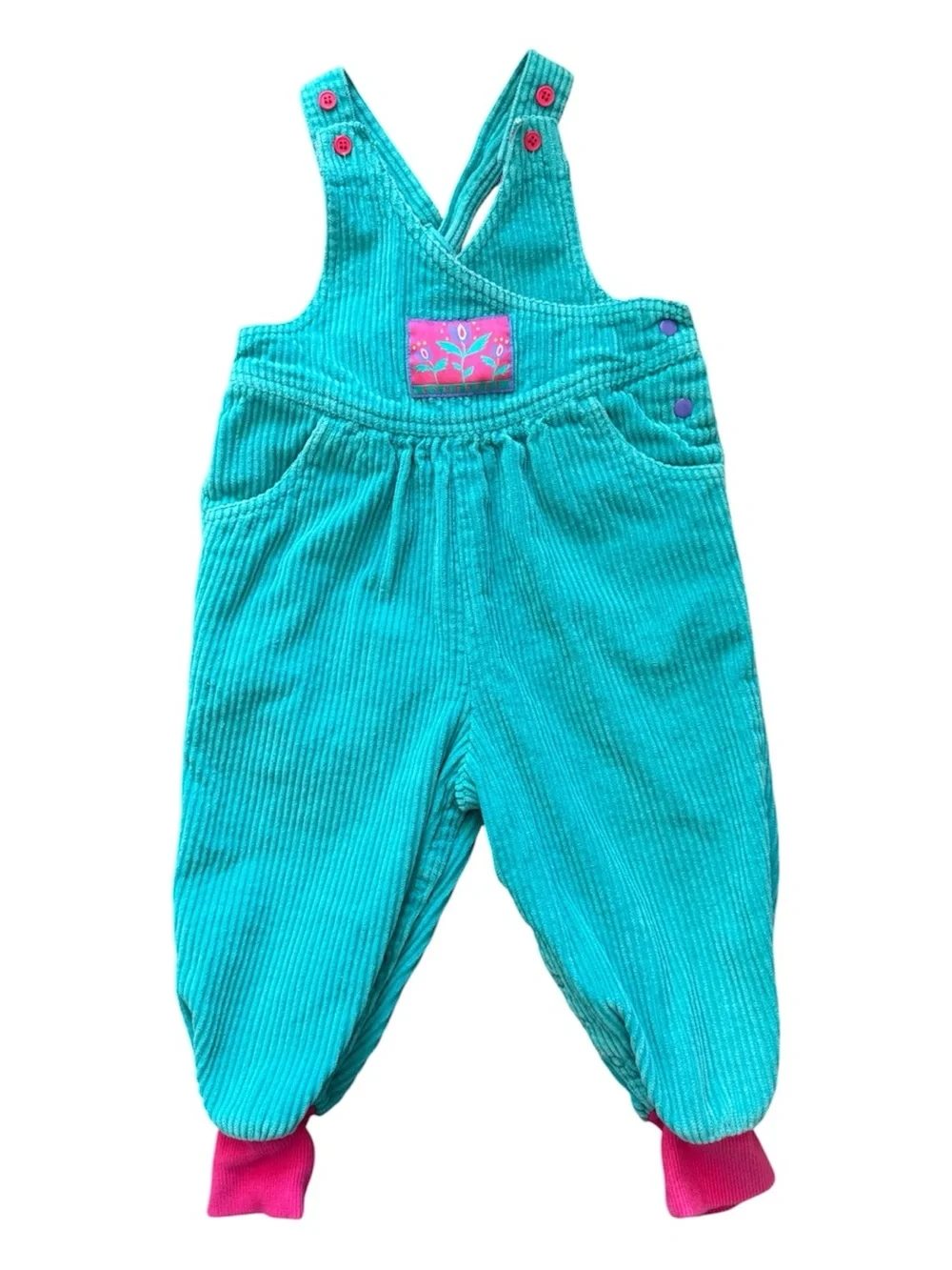 Vintage 1990’s Gymboree Girls’ Teal Corduroy Overalls Pink Accents Size Small